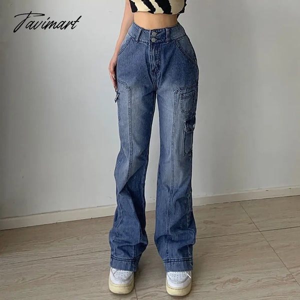 Tavimart Y2K Straight Cargo Jeans Retro Denim Pants Ruched Drawstring Women Trousers Street Indie