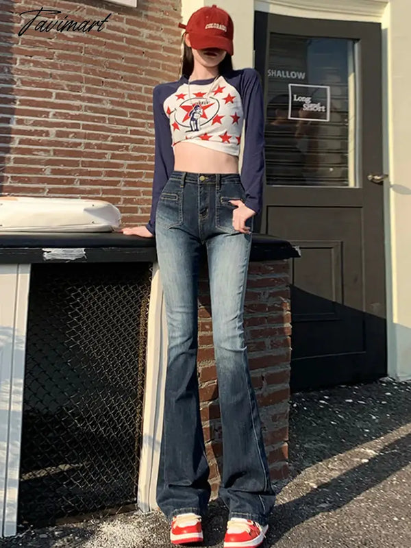 Tavimart - Y2K Streetwear Bootcut Jean Blue Vintage Clothes Women Pant Rave Outfits High Waist