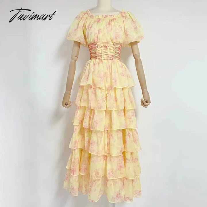 Tavimart Y2K Summer Rustic Print Short Sleeve Women’s Dresses Fashion Lace Up Waist Large Hem