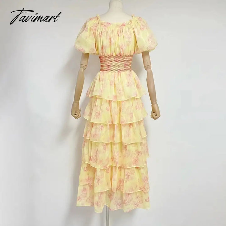 Tavimart Y2K Summer Rustic Print Short Sleeve Women’s Dresses Fashion Lace Up Waist Large Hem