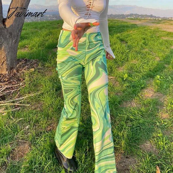 Tavimart Y2K Tie Dye Print Long Pants Women Wide Leg Pant High Waist Flare Green Jogger Trousers