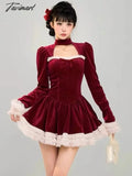 Tavimart Y2K Velvet Mini Dress Women Lace Ruffles Patchwork Square Collar Autumn Spring Christmas