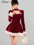 Tavimart Y2K Velvet Mini Dress Women Lace Ruffles Patchwork Square Collar Autumn Spring Christmas