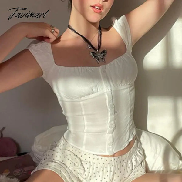 Tavimart Y2K Vintage White Milkmaid Tank Tops Chic Square Collar Button Up Slim Fit Mini Vest