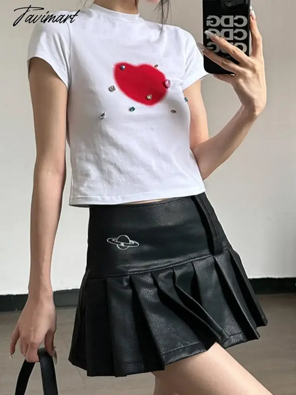 Tavimart Y2K White Crop Top Slim Fit Graphic T Shirts Streetwear Solid Baby Tees Tops For Women