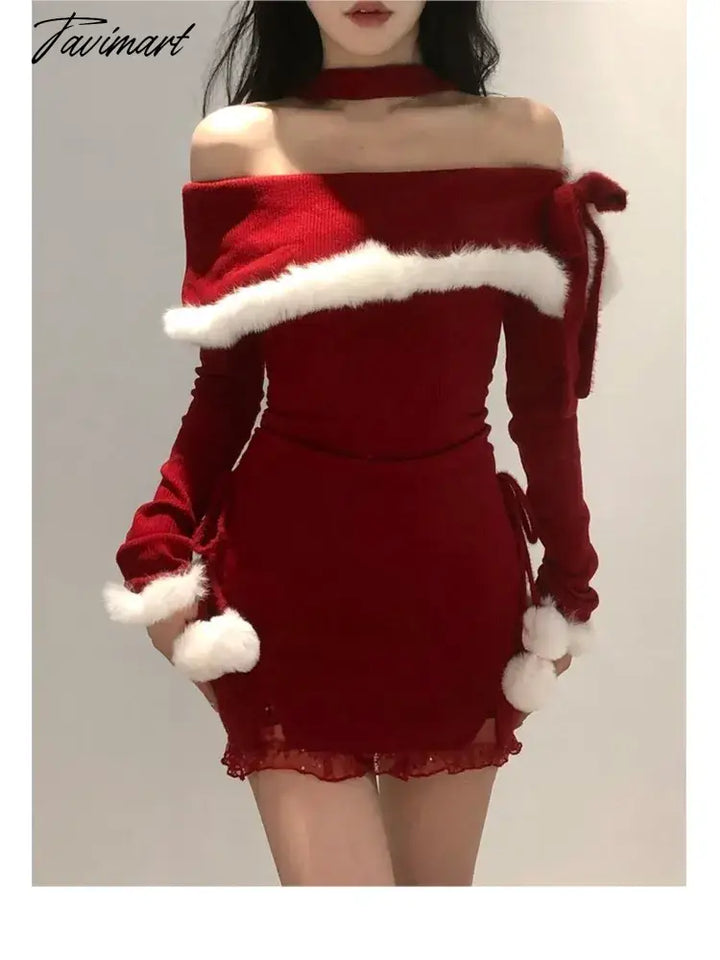 Tavimart Y2K Winter Christmas Party Dress Women Sexy Slash Neck Off Sh tavimart Tavimart Y2K Winter Christmas Party Dress Women Sexy Slash Neck Off Sh tavimart