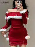Tavimart Y2K Winter Christmas Party Dress Women Sexy Slash Neck Off Shoulder Faux Fur Patchwork