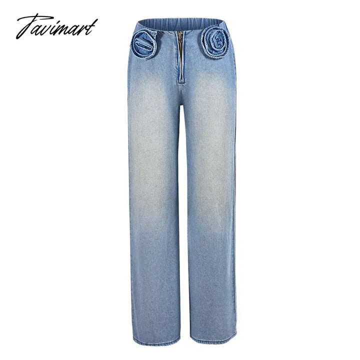 Tavimart - Zipper Fly Loose Long Straight-Leg Pants Tie Flowers Wide Leg Denim Fashion Summer Light