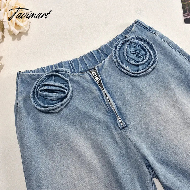 Tavimart - Zipper Fly Loose Long Straight-Leg Pants Tie Flowers Wide Leg Denim Fashion Summer Light