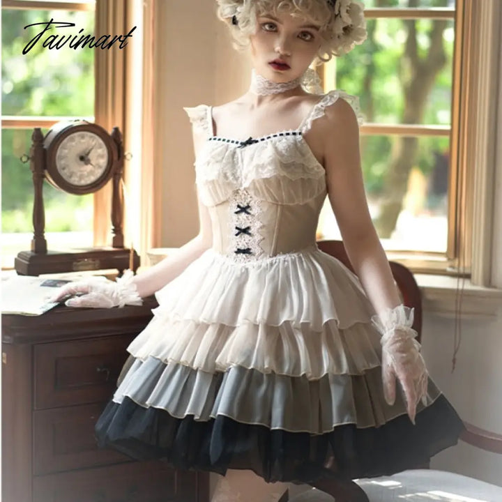 Tavmart Paris Sunset Fashion Loli Jsk Waist Fishbone Large Swing Gauze Lolita Summer Dress Japanese