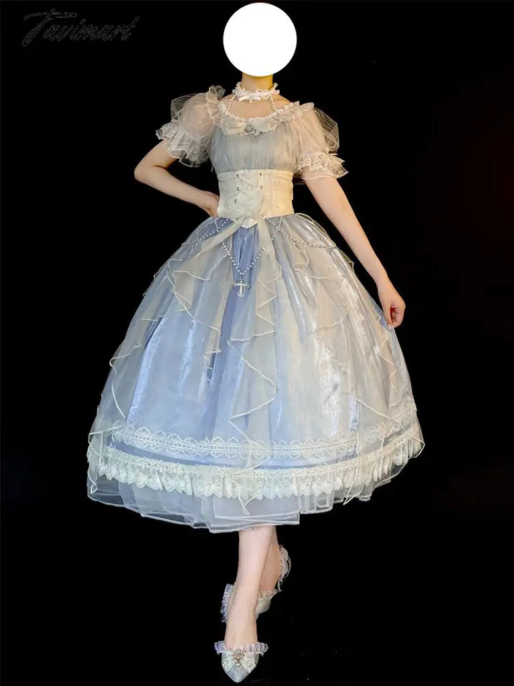 Tavmart Princess Wedding Tea Party Lolita Op Elegant Sweet Girl Dress Lace Bubble Short Sleeve