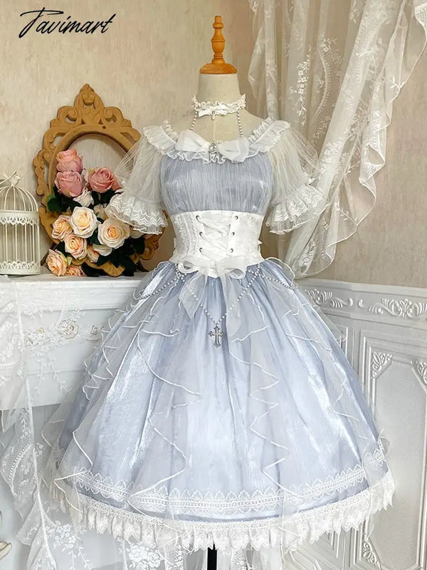 Tavmart Princess Wedding Tea Party Lolita Op Elegant Sweet Girl Dress Lace Bubble Short Sleeve