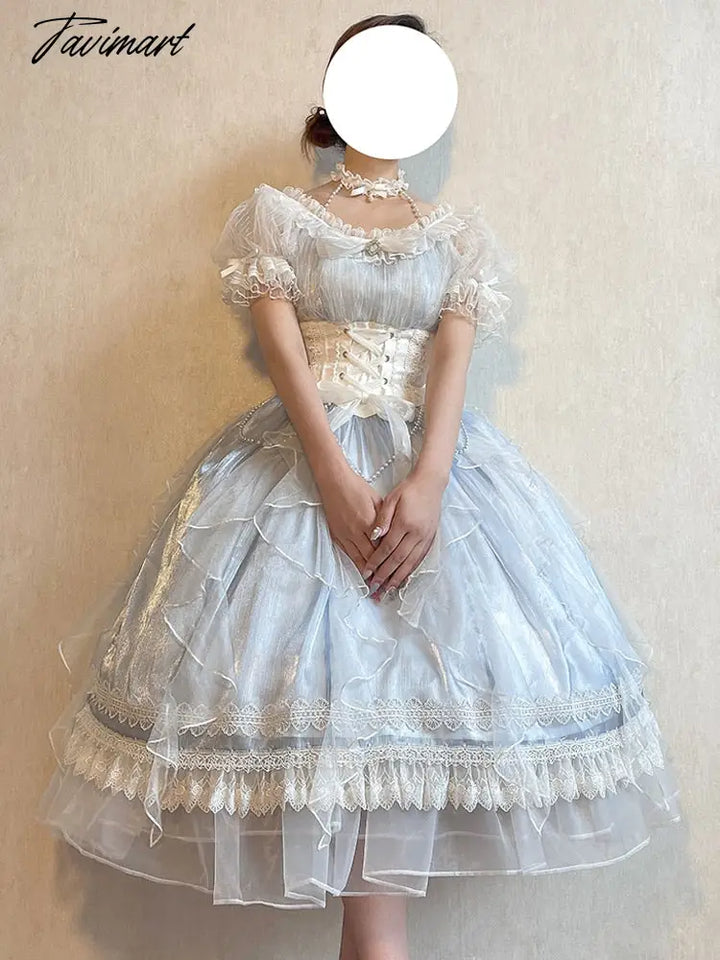 Tavmart Princess Wedding Tea Party Lolita Op Elegant Sweet Girl Dress Lace Bubble Short Sleeve