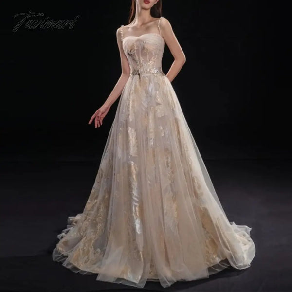 Temperament Printed Simple Elegant Sling Evening Dresses Mesh Bow Design Princess Prom Dress Slim