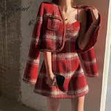 Winter New Female Chic Woolen Two - Piece Sets Christmas Red Hepburn Style Jacket + Plaid Suspender