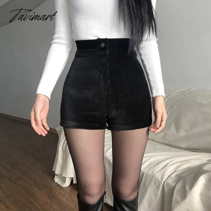 Women’s Black Goth Pants Shorts High Waist Spring Autumn Fashion Tight Sexy Stretch Y2K Corduroy