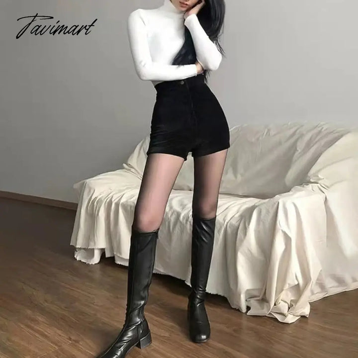 Women’s Black Goth Pants Shorts High Waist Spring Autumn Fashion Tight Sexy Stretch Y2K Corduroy