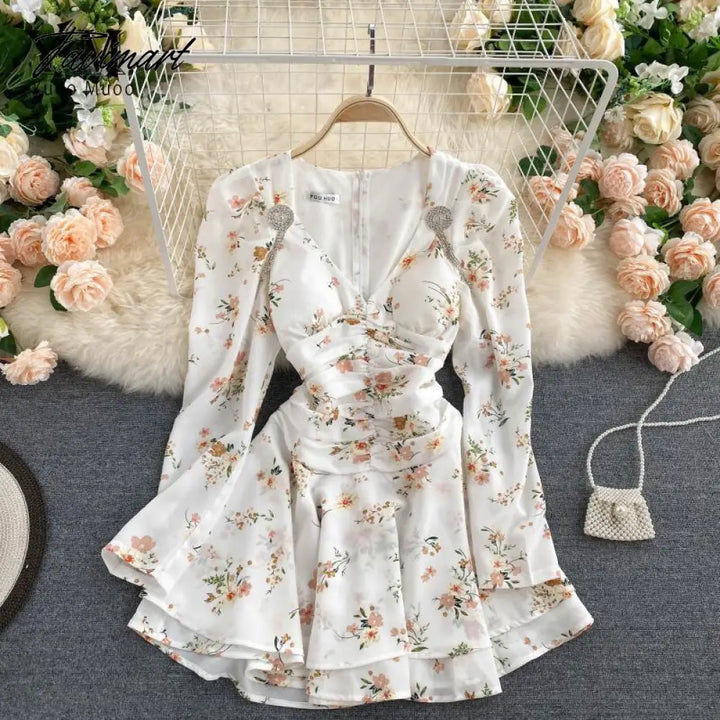 Yuoomuoo Sexy V - Neck Autumn Dress Retro Gothic Ruched Slim Waist Women White Floral Print Mini